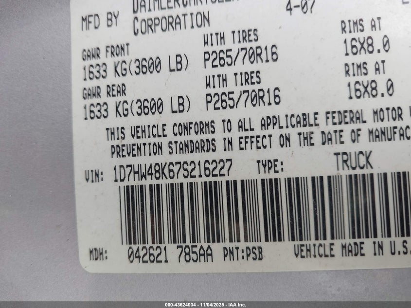 2007 Dodge Dakota Slt VIN: 1D7HW48K67S216227 Lot: 43624034