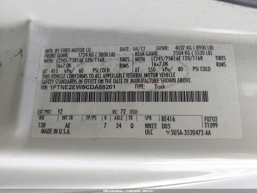 2012 Ford E-250 Commercial VIN: 1FTNE2EW8CDA88261 Lot: 43624044