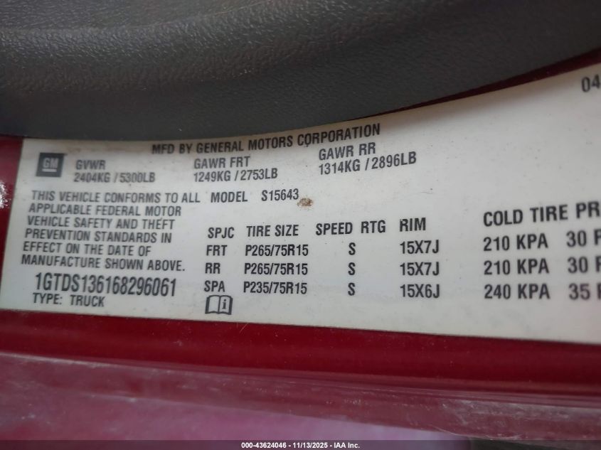 2006 GMC Canyon Sle2 VIN: 1GTDS136168296061 Lot: 43624046