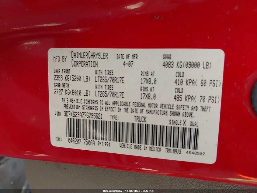 2007 Dodge Ram 2500 Slt VIN: 3D7KS29A77G795621 Lot: 43624057