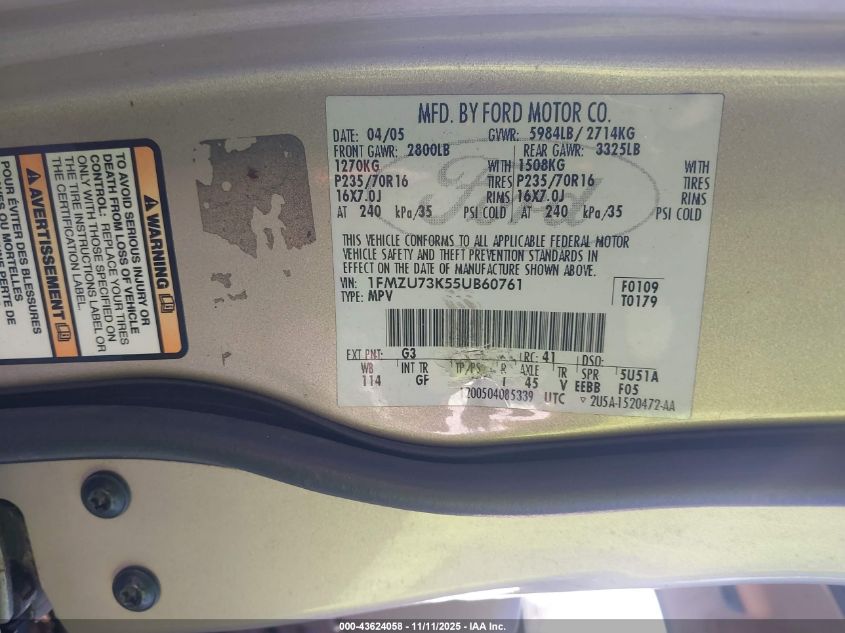 2005 Ford Explorer Xlt/Xlt Sport VIN: 1FMZU73K55UB60761 Lot: 43624058