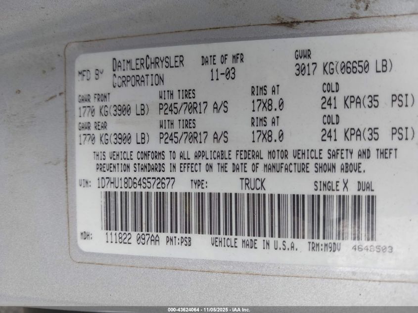 2004 Dodge Ram 1500 Slt/Laramie VIN: 1D7HU18D64S572677 Lot: 43624064