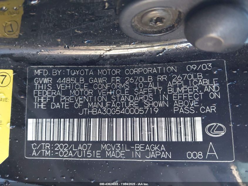 2004 Lexus Es 330 VIN: JTHBA30G540005719 Lot: 43624085