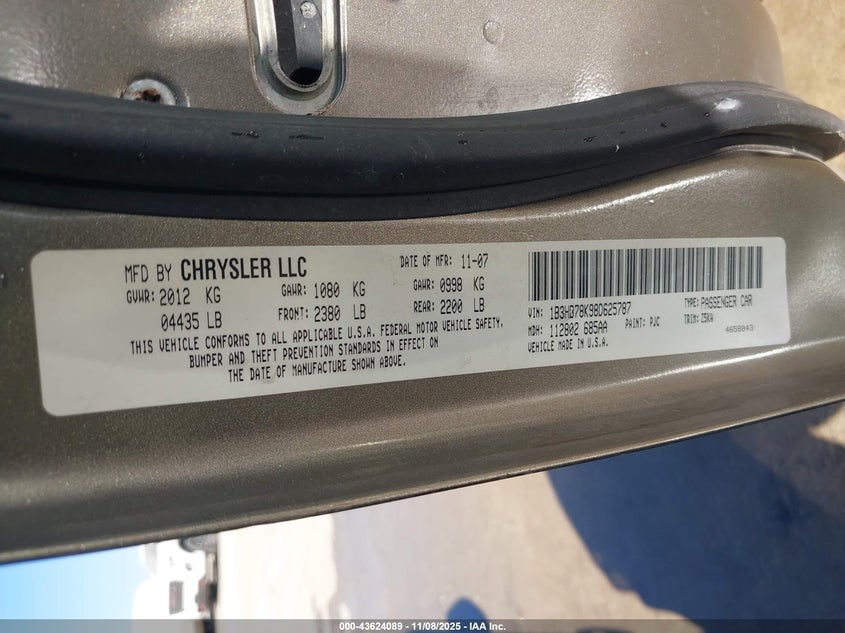 2008 Dodge Caliber R/T VIN: 1B3HB78K98D625787 Lot: 43624089