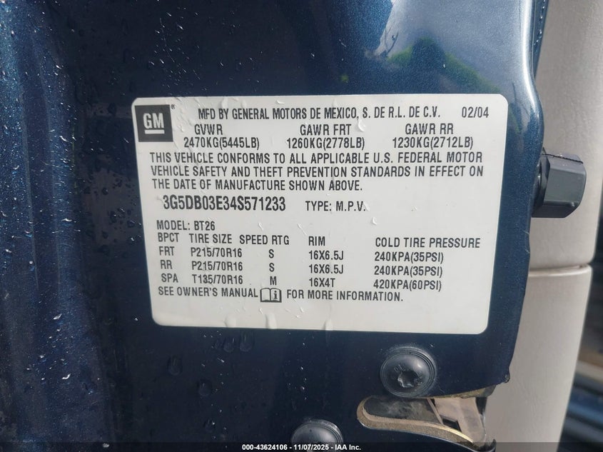 2004 Buick Rendezvous Cx VIN: 3G5DB03E34S571233 Lot: 43624106