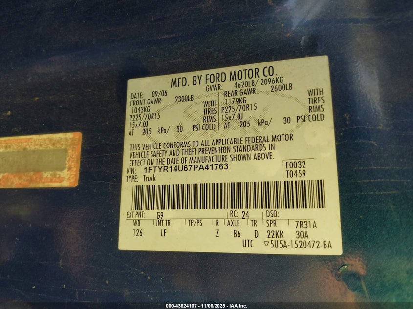 2007 Ford Ranger Sport/Stx/Xl/Xlt VIN: 1FTYR14U67PA41763 Lot: 43624107