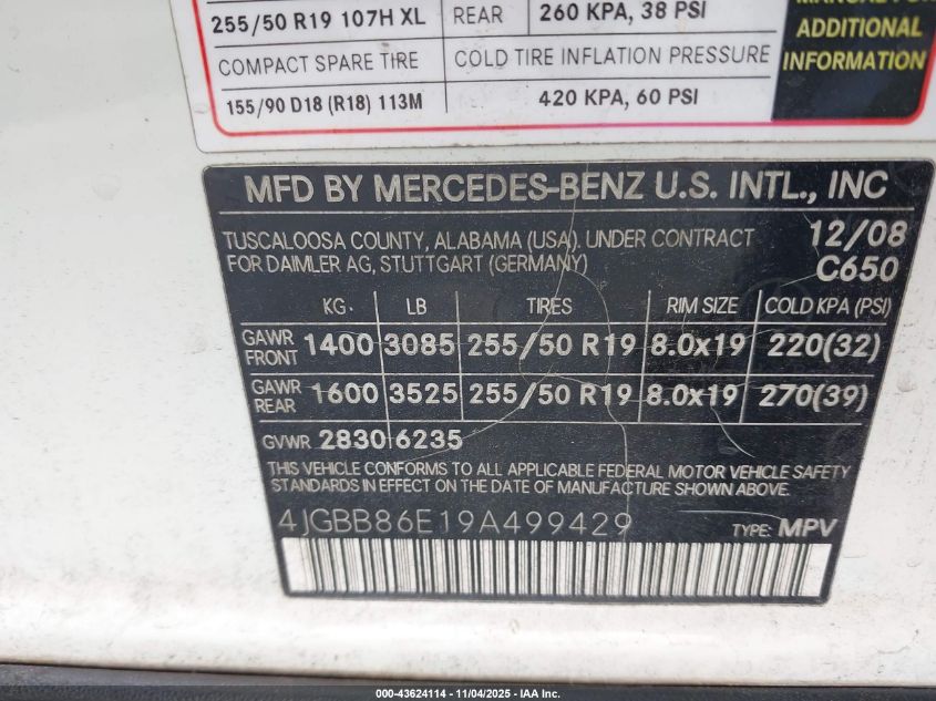 2009 Mercedes-Benz Ml 350 4Matic VIN: 4JGBB86E19A499429 Lot: 43624114