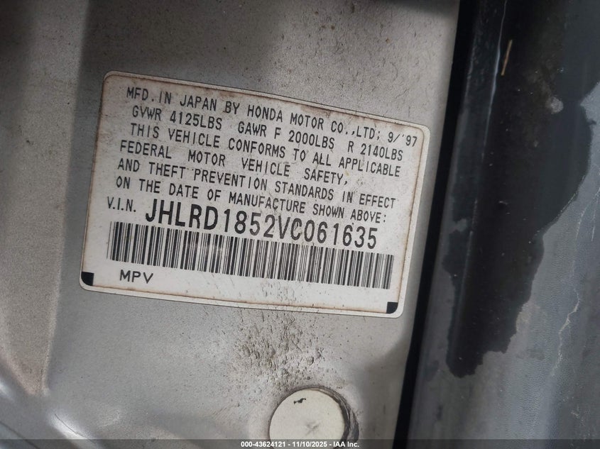 1997 Honda Cr-V VIN: JHLRD1852VC061635 Lot: 43624121