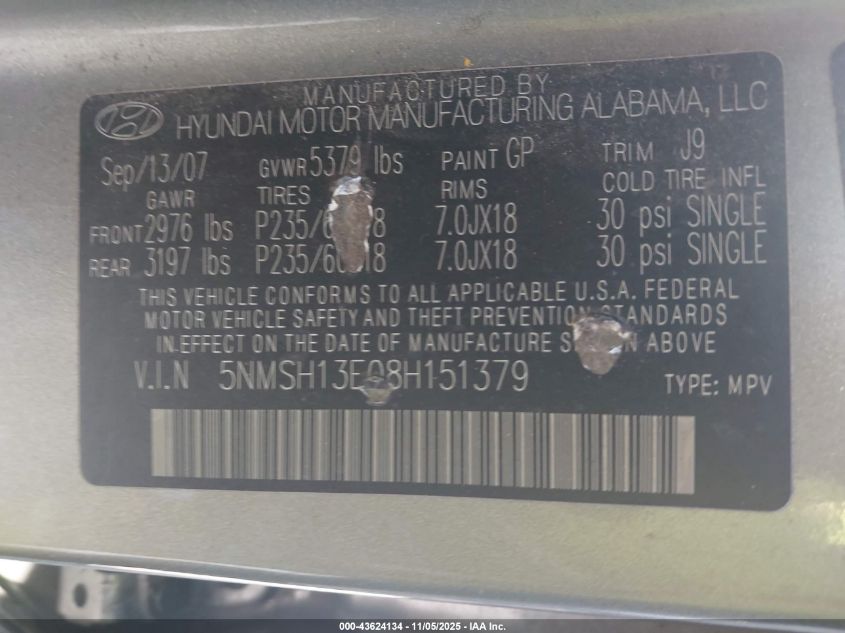 2008 Hyundai Santa Fe Limited/Se VIN: 5NMSH13E08H151379 Lot: 43624134