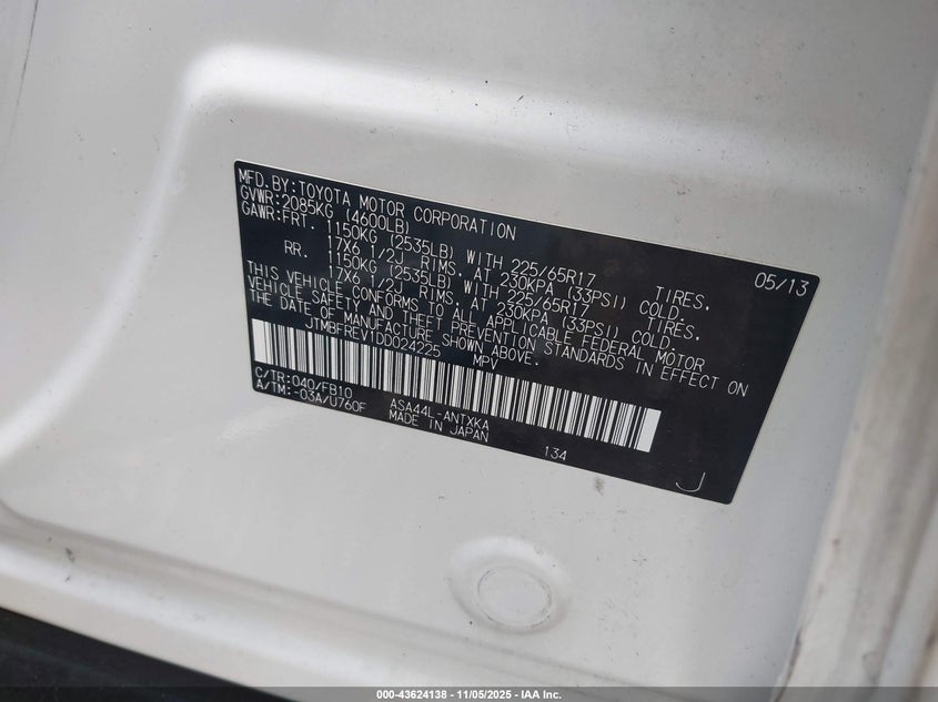 2013 TOYOTA RAV4 LE JTMBFREV1DD024225