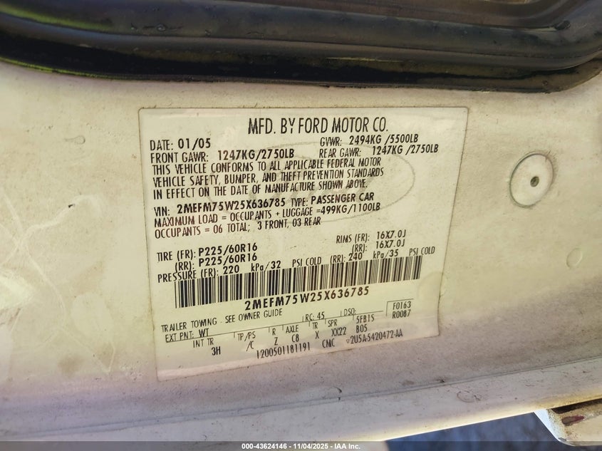 2005 Mercury Grand Marquis Ls/Lse VIN: 2MEFM75W25X636785 Lot: 43624146