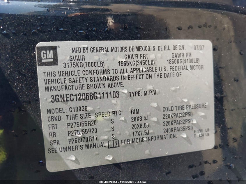 2008 Chevrolet Avalanche 1500 Lt VIN: 3GNEC12068G111103 Lot: 43624151