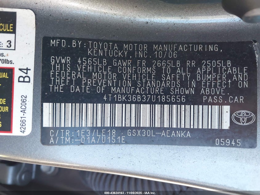 2007 Toyota Avalon Touring VIN: 4T1BK36B37U185656 Lot: 43624163