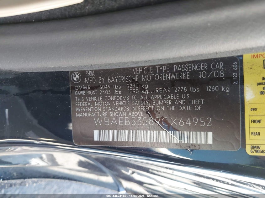 2009 BMW 650I VIN: WBAEB53589CX64952 Lot: 43624169