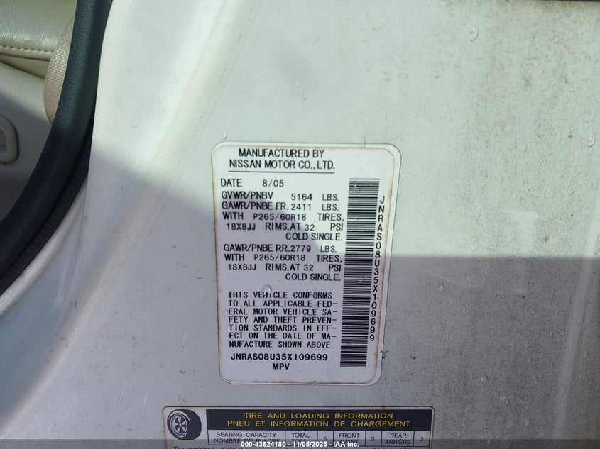 2005 Infiniti Fx35 VIN: JNRAS08U35X109699 Lot: 43624180