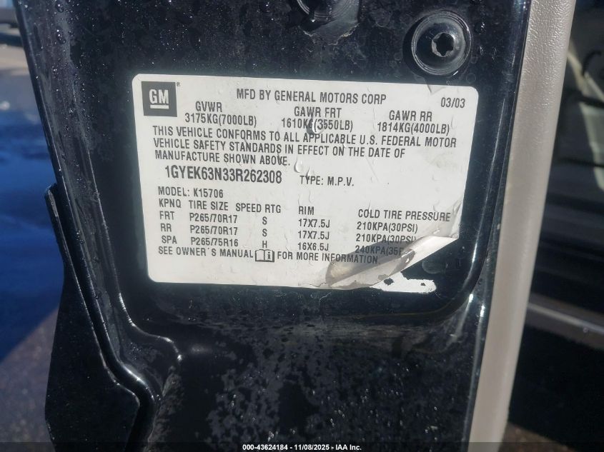 2003 Cadillac Escalade Standard VIN: 1GYEK63N33R262308 Lot: 43624184