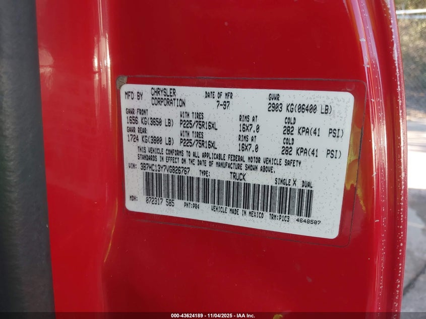 1997 Dodge Ram 1500 St VIN: 3B7HC13Y7VG826767 Lot: 43624189
