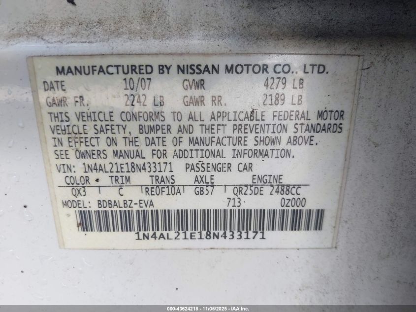 2008 Nissan Altima 2.5 S VIN: 1N4AL21E18N433171 Lot: 43624218