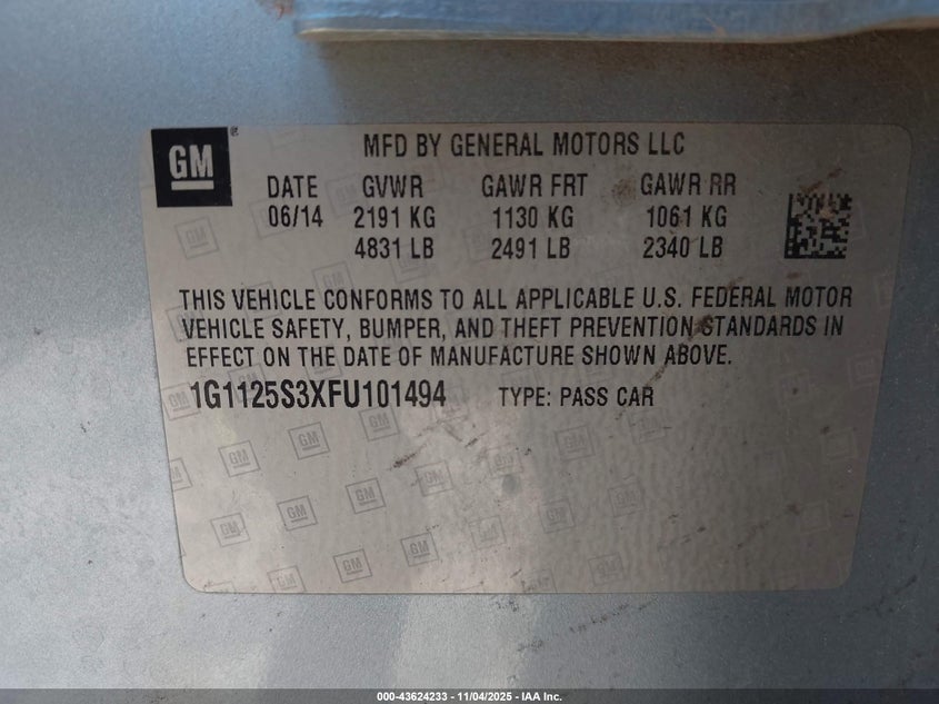 2015 CHEVROLET IMPALA 2LT - 1G1125S3XFU101494