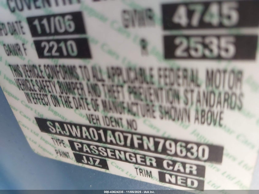 2007 Jaguar S-Type 3.0 V6 VIN: SAJWA01A07FN79630 Lot: 43624235