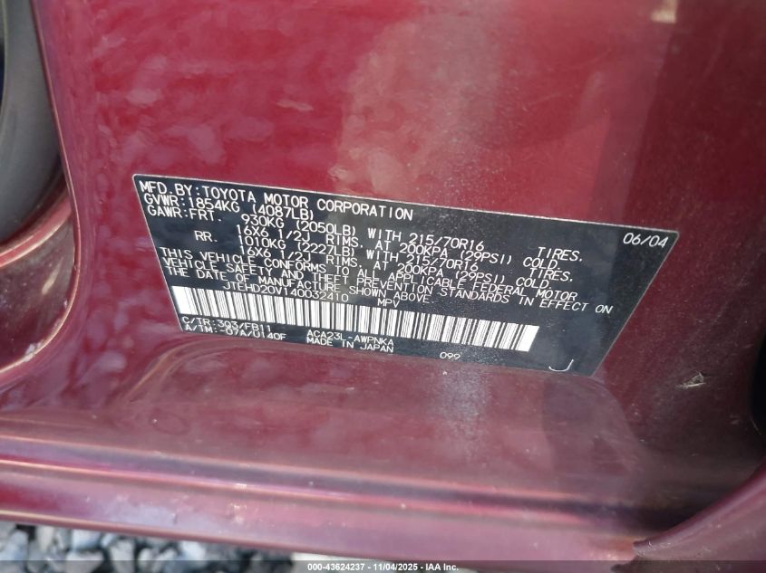 2004 Toyota Rav4 VIN: JTEHD20V140032410 Lot: 43624237