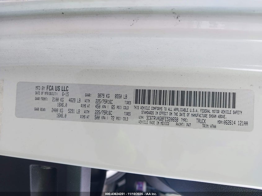 2015 Ram Promaster 1500 Low Roof VIN: 3C6TRVAG8FE520658 Lot: 43624251