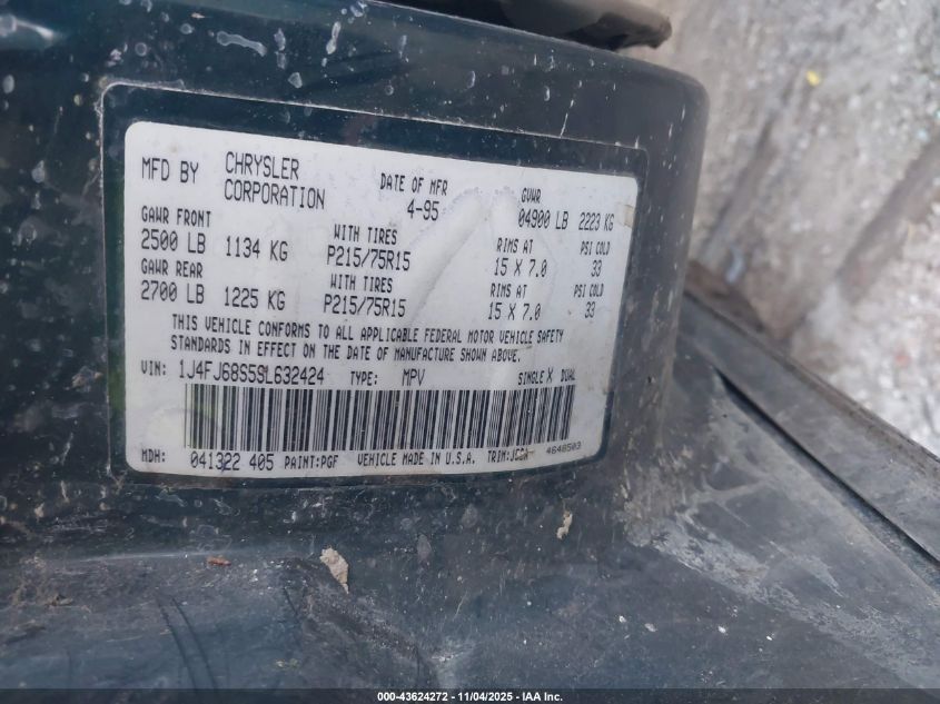 1995 Jeep Cherokee Sport VIN: 1J4FJ68S5SL632424 Lot: 43624272
