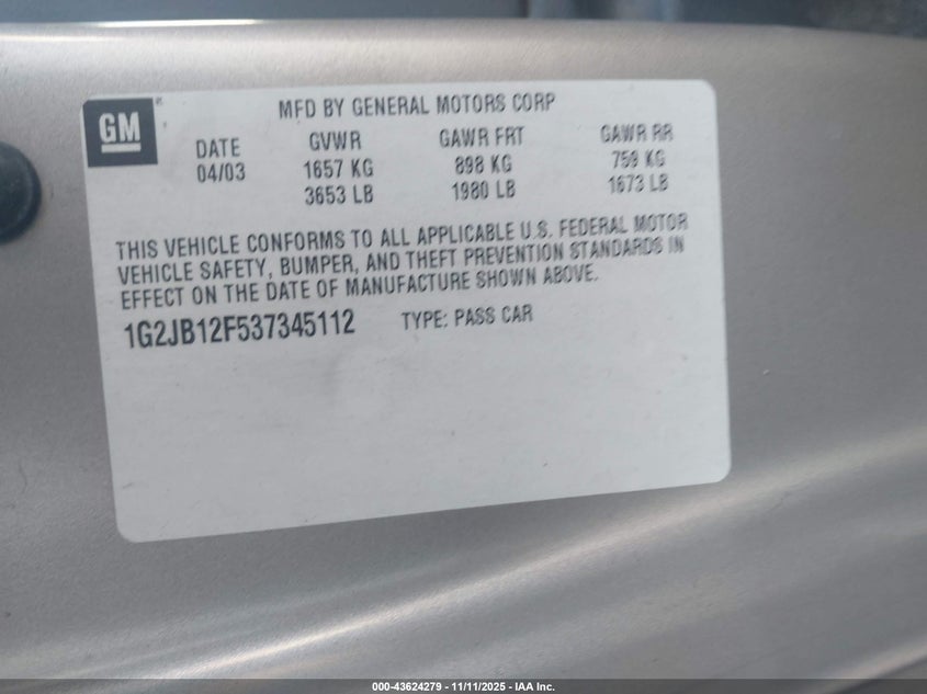 2003 Pontiac Sunfire VIN: 1G2JB12F537345112 Lot: 43624279