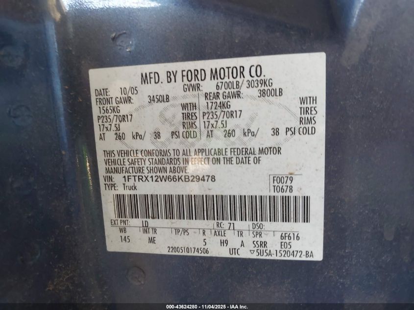 2006 Ford F-150 Stx/Xl/Xlt VIN: 1FTRX12W66KB29478 Lot: 43624280