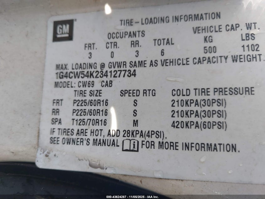 2003 Buick Park Avenue VIN: 1G4CW54K234127734 Lot: 43624287