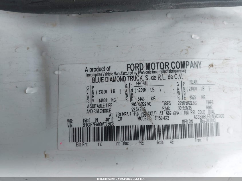 2013 Ford F-750 Xl/Xlt VIN: 3FRXF7FA0DV775033 Lot: 43624296