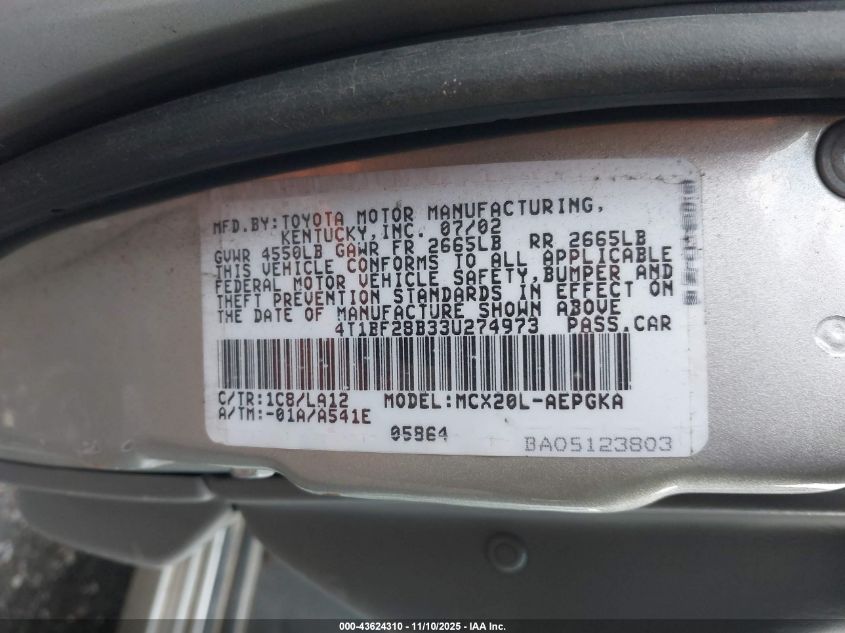 2003 Toyota Avalon Xls VIN: 4T1BF28B33U274973 Lot: 43624310