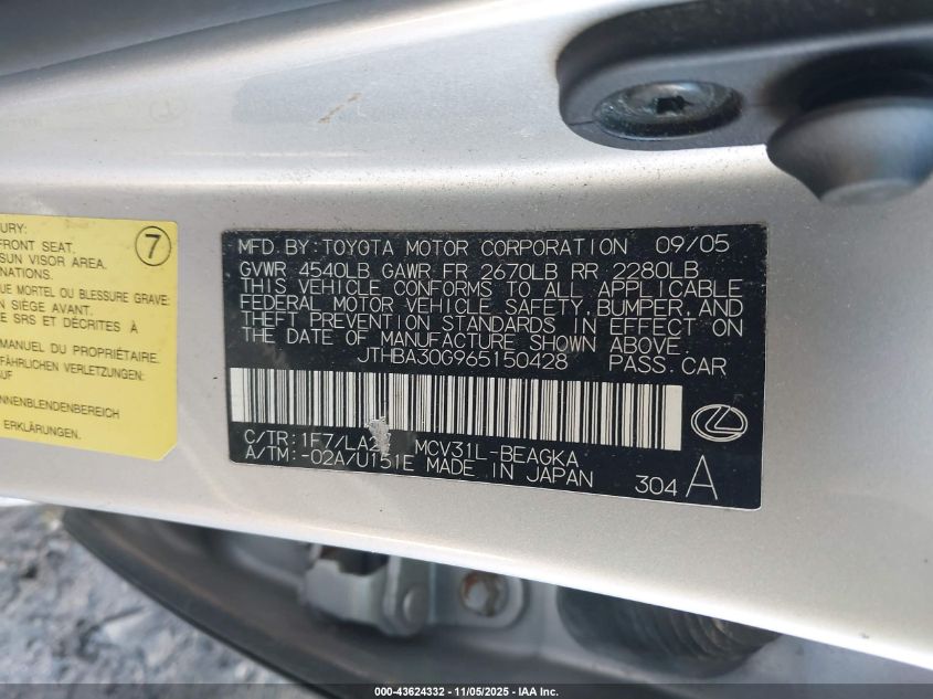 2006 Lexus Es 330 VIN: JTHBA30G965150428 Lot: 43624332