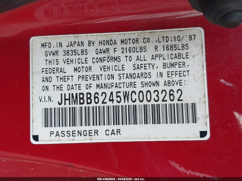 1998 Honda Prelude VIN: JHMBB6245WC003262 Lot: 43624343