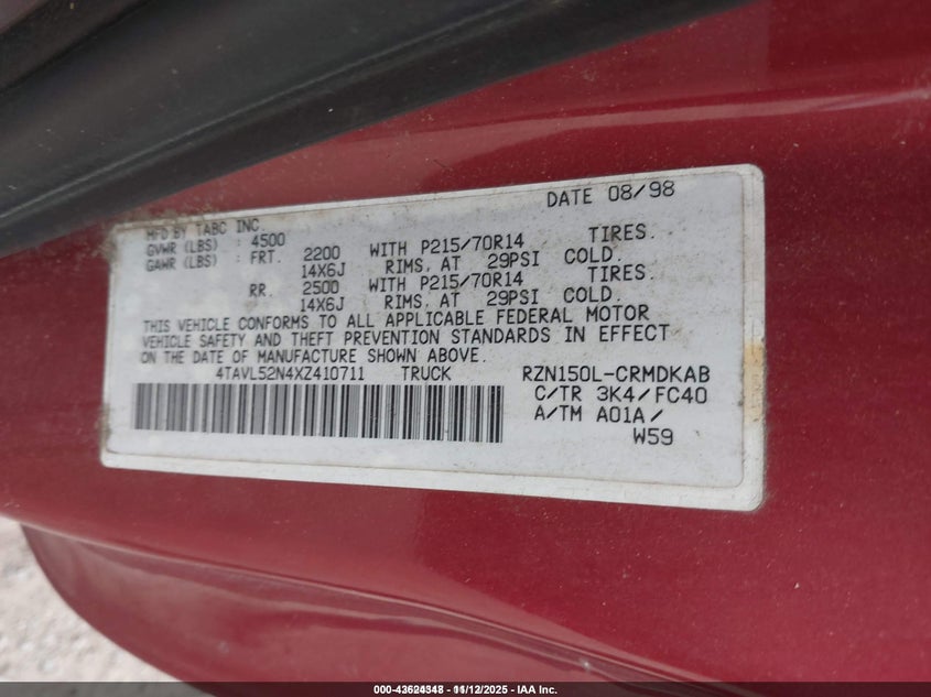 1999 Toyota Tacoma VIN: 4TAVL52N4XZ410711 Lot: 43624348