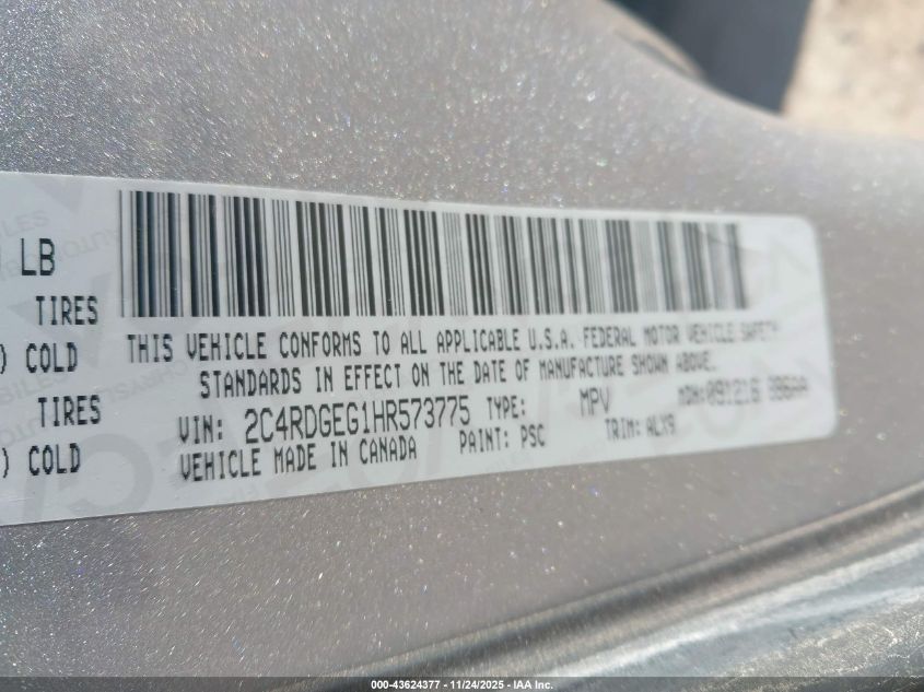 2017 Dodge Grand Caravan Gt VIN: 2C4RDGEG1HR573775 Lot: 43624377