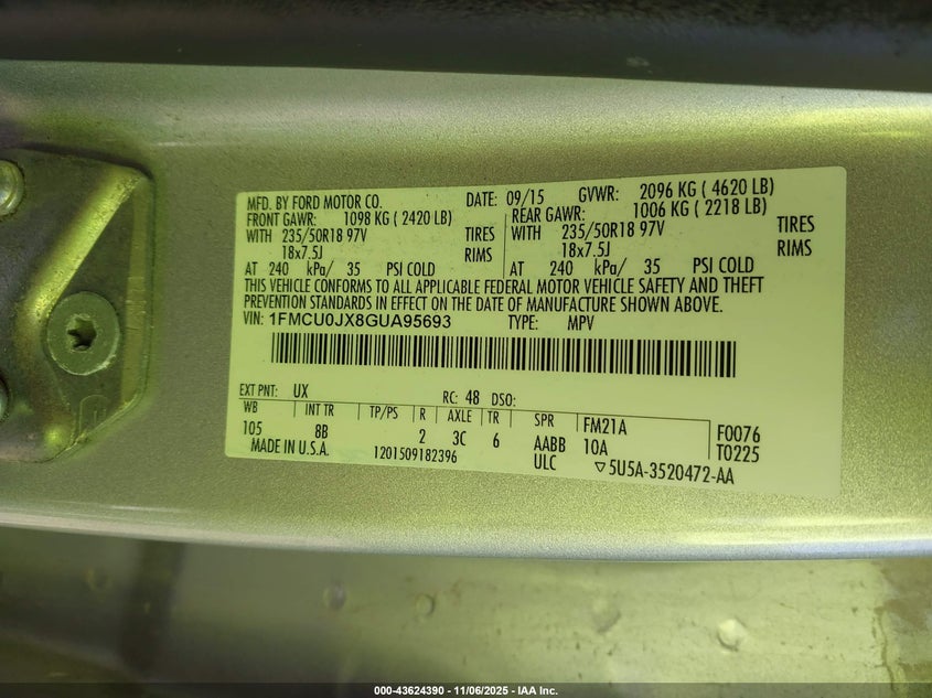 2016 Ford Escape Titanium VIN: 1FMCU0JX8GUA95693 Lot: 43624390