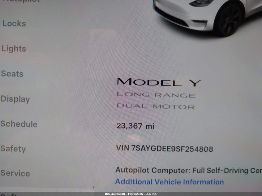 2025 Tesla Model Y Long Range Dual Motor All-Wheel Drive VIN: 7SAYGDEE9SF254808 Lot: 43624398