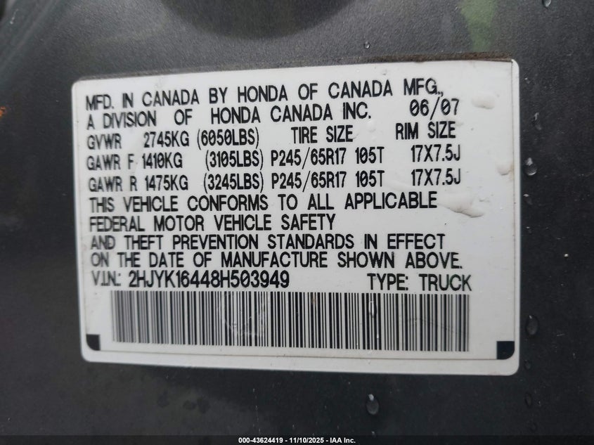 2008 Honda Ridgeline Rts VIN: 2HJYK16448H503949 Lot: 43624419