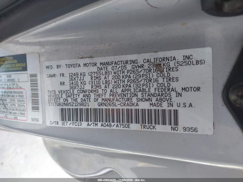 2005 Toyota Tacoma Prerunner V6 VIN: 5TETU62N85Z129821 Lot: 43624430