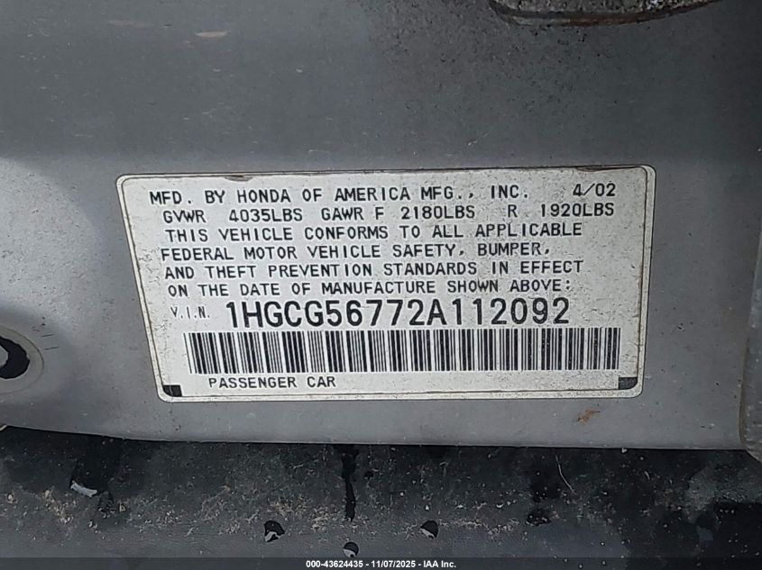 2002 Honda Accord 2.3 Se VIN: 1HGCG56772A112092 Lot: 43624435