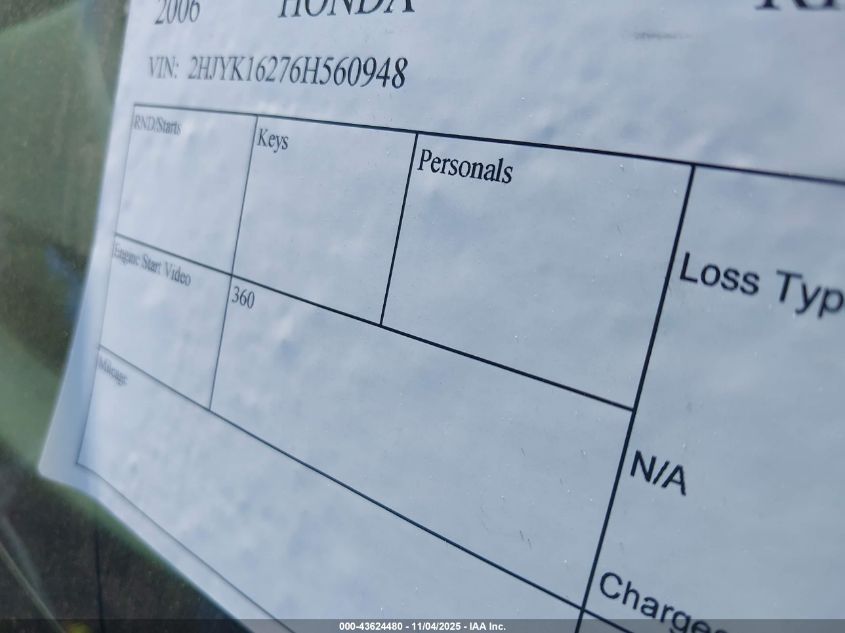 2006 Honda Ridgeline Rt VIN: 2HJYK16276H560948 Lot: 43624480