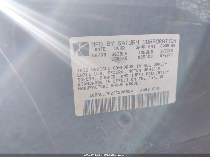 2003 Saturn Ion 3 VIN: 1G8AV12F23Z200384 Lot: 43624484