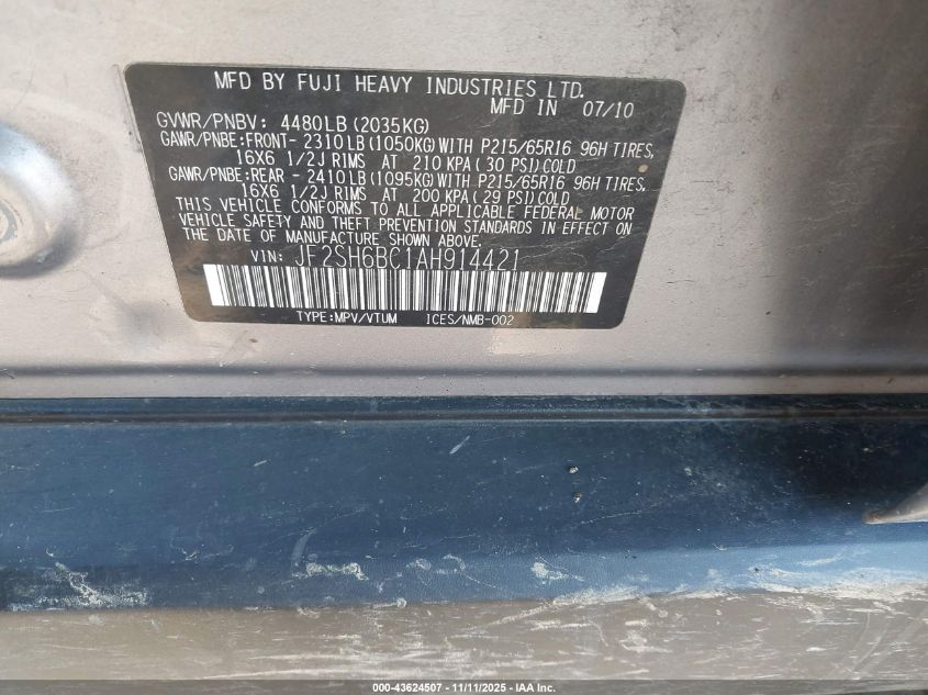 2010 Subaru Forester 2.5X VIN: JF2SH6BC1AH914421 Lot: 43624507