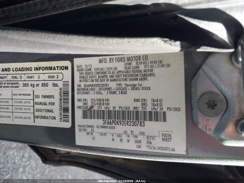 2014 Ford Fusion Titanium VIN: 3FA6P0K92ER230783 Lot: 43624530