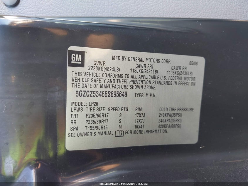 2006 Saturn Vue V6 VIN: 5GZCZ53466S895648 Lot: 43624537