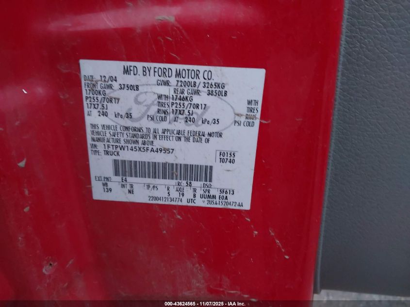 2005 Ford F-150 Fx4/Lariat/Xlt VIN: 1FTPW145X5FA49557 Lot: 43624565