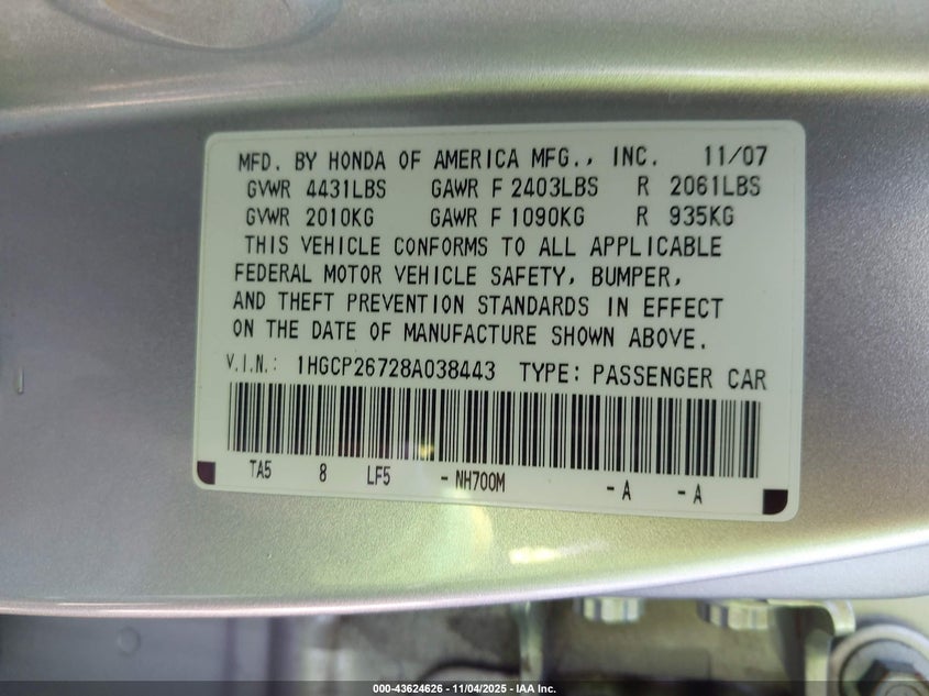 1HGCP26728A038443 2008 HONDA ACCORD photo no. 9