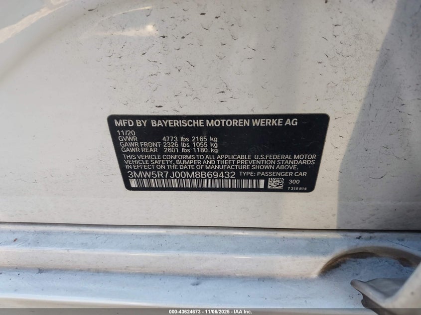 2021 BMW 330I XDRIVE 3MW5R7J00M8B69432