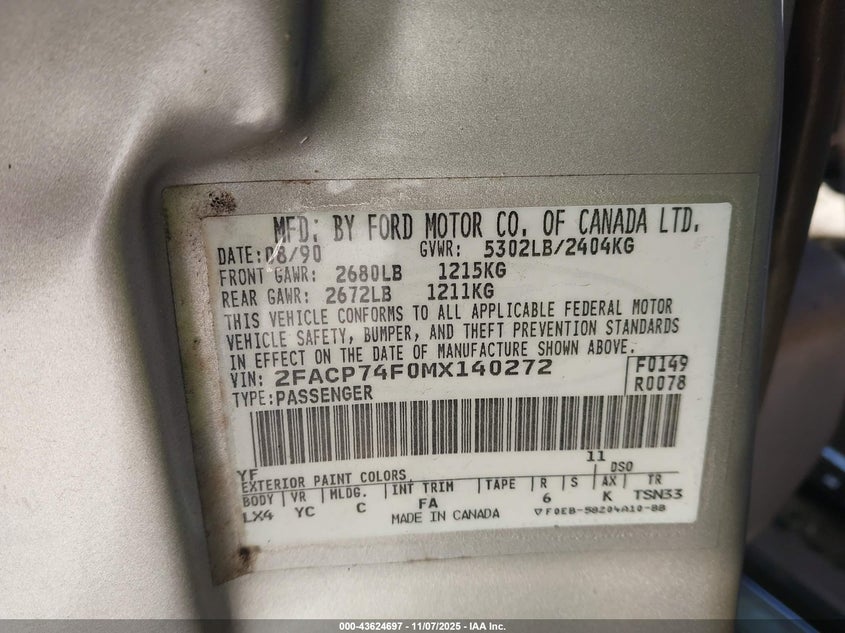 1991 Ford Crown Victoria Lx VIN: 2FACP74F0MX140272 Lot: 43624697